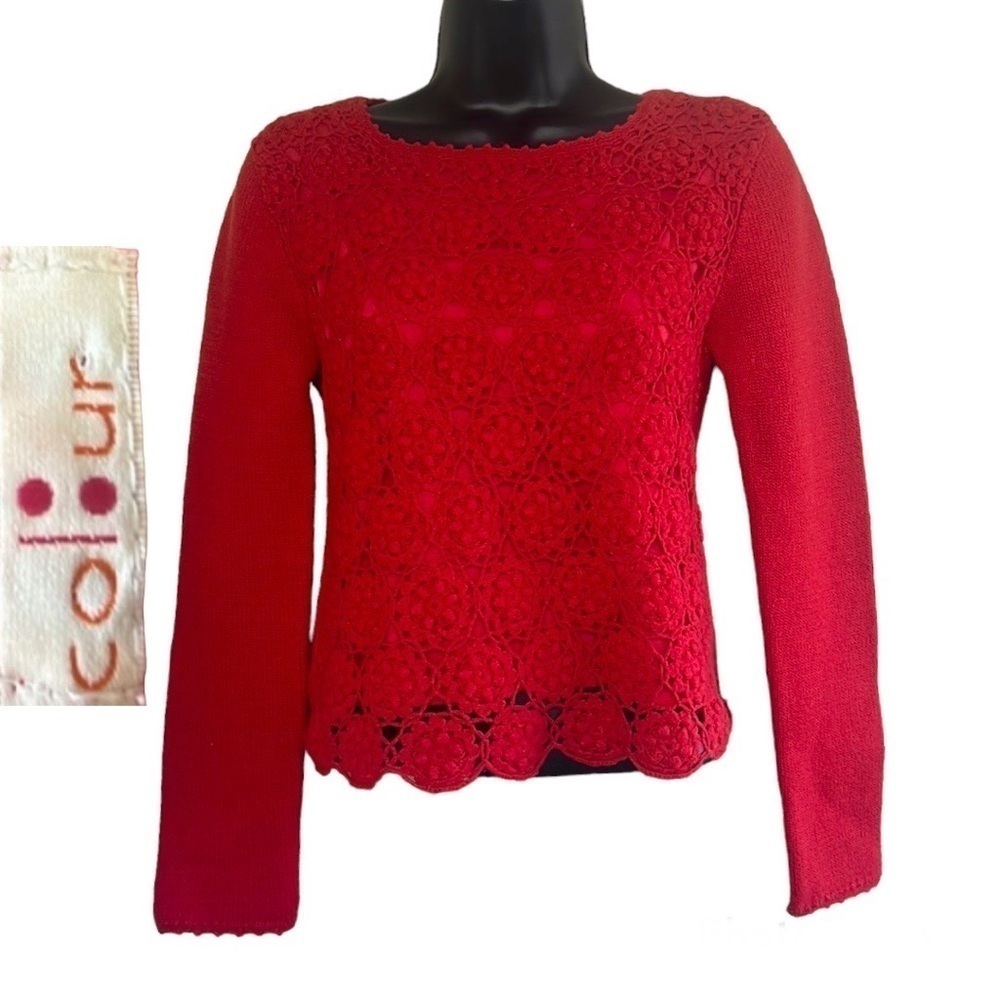 Rare🧚‍♀️Colour Bright Red Crochet Knit Merino Wool Blend Sweater Top Size M